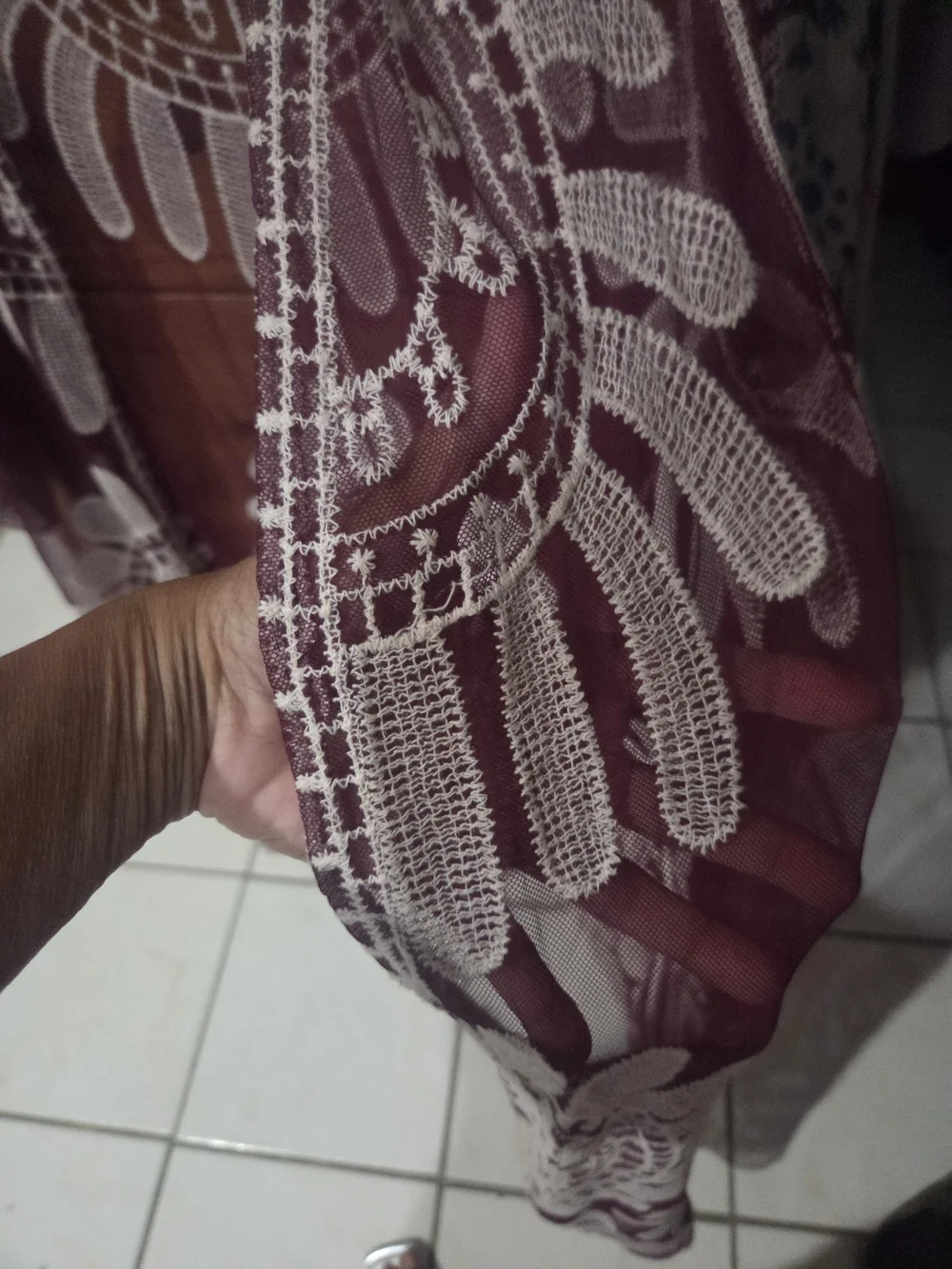 Women’s Lace Overlay Kimono, Swim Cover-Up, Shawl, Deep Wine With White Embroide